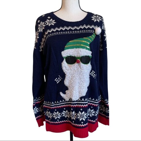 Holiday Traditions Navy Santa Claus with Sunglasses Ugly Sweater Size Large - Picture 1 of 10